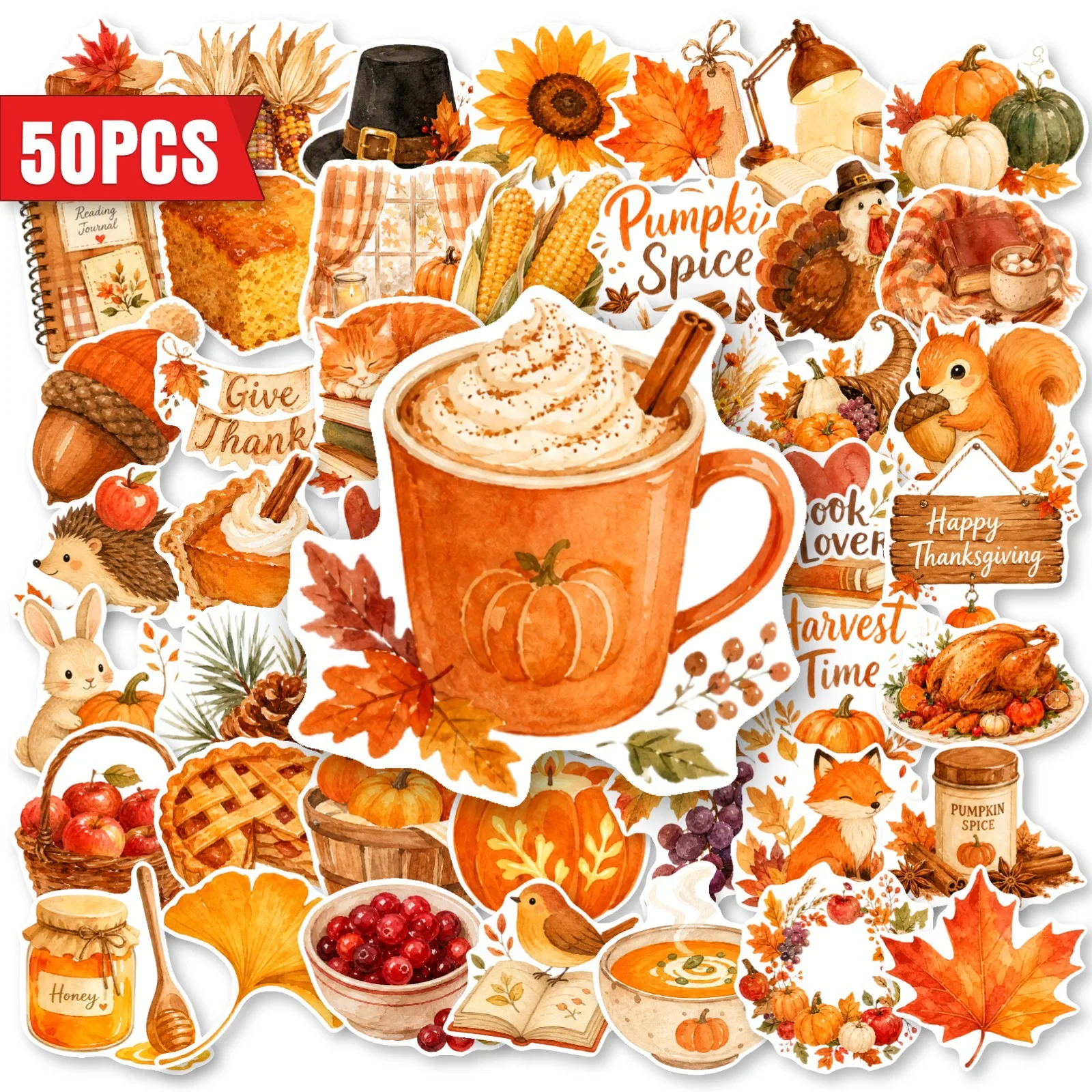 50 PCS Autumn Thanksgiving Theme Stickers Pack For Atmosphere Decoration Decorate Luggage Scrapbook Window Non Repeated Decals