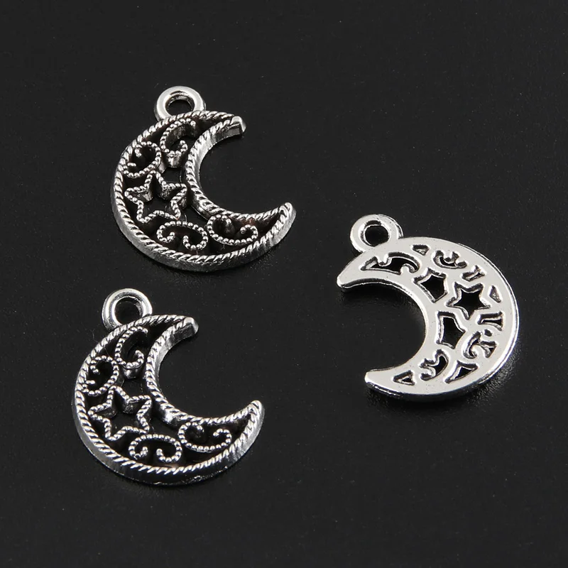 50pcs Silver Color Small Hollow Star Moon Charms Crescent Pendant For DIY Handmade Metal Alloy Jewelry Making Accessories