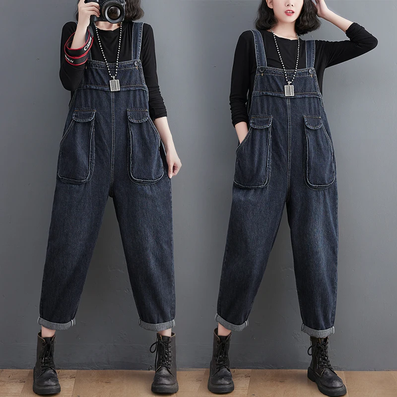 Casual Streetwear Straps Denim Jumpsuit Women Vintage Loose Wide Leg Mom Jeans Overalls Big Pocket Cargo Pants Rompers Dungarees