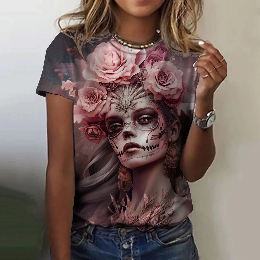 Women's T-shirt for Girls Summer Short Sleeve Casual Fashion Sexy Girls Clothes Horror Undead Skull Pattern Oversized T-shirts