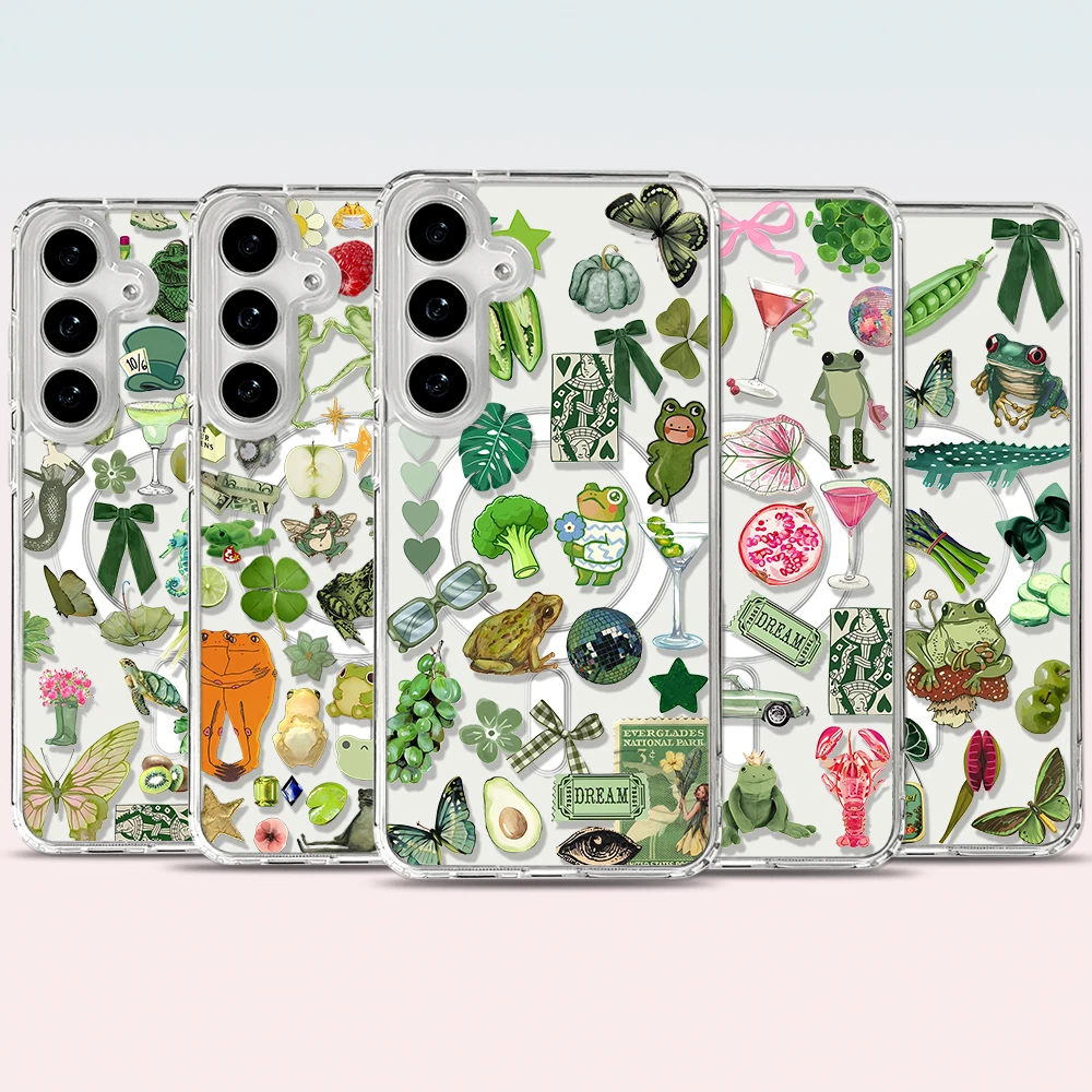 Frog Green Art Collage Magnetic Phone Case for Samsung Galaxy S25 Ultra S24 FE S22 S23 Plus A55 A56 A36 A16 5G Cover