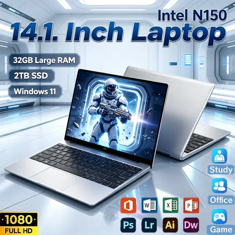Hot Sale 14.1 Inch Intel N150 CPU 32GB RAM 2TB SSD Windows11 Office Thin Ultrabook Business Entertainment Daily Use Laptop