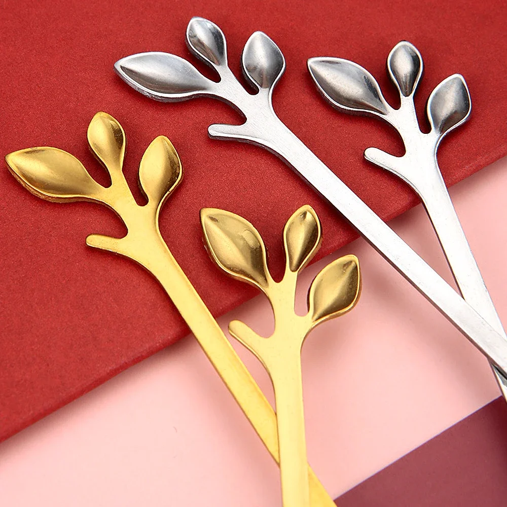 Creative Stainless Steel Leaves Spoon and Fork Gold Silver Coffee Ice Cream Tea Stirring Spoons Kitchen Tableware Decoration