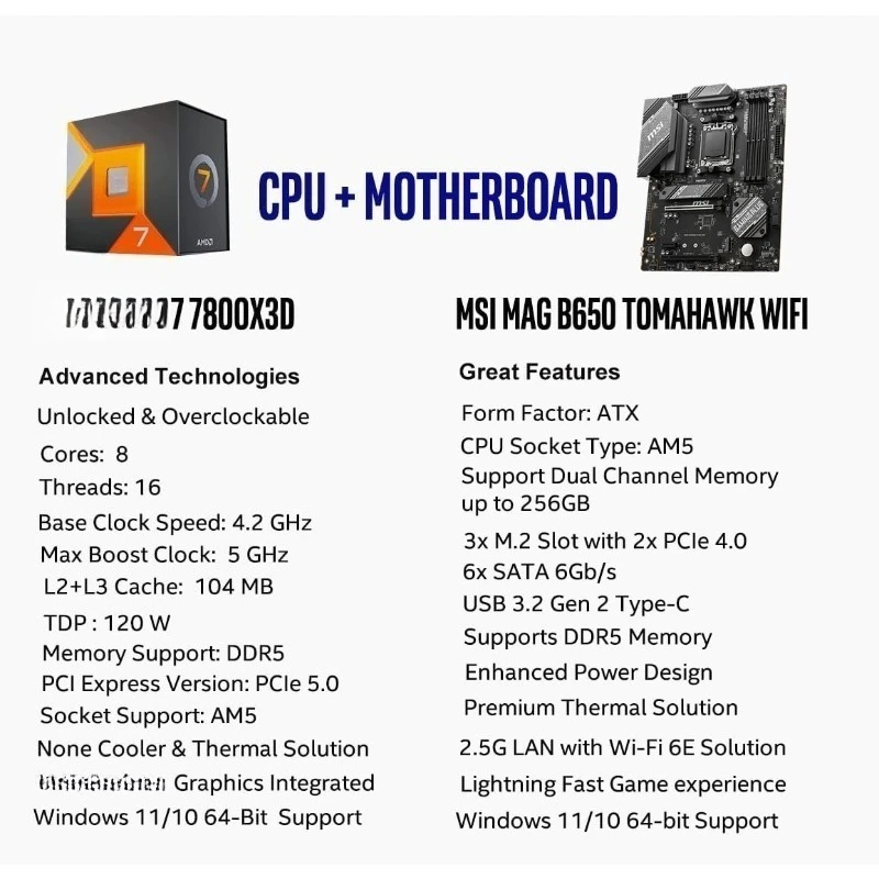 معالج سطح المكتب Micro Center AMD 7 7800X3D 8-Core16-Thread مع MSI MAG B650 Tomahawk WiFi AM5 DDR5 للألعاب الأم