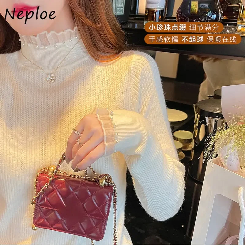 Neploe Y2k Autumn Vintage Turtleneck Jersey Mujer Jumpers Mesh Patchwork Solid Color Pull Femme Beading Long Sleeve Sweaters