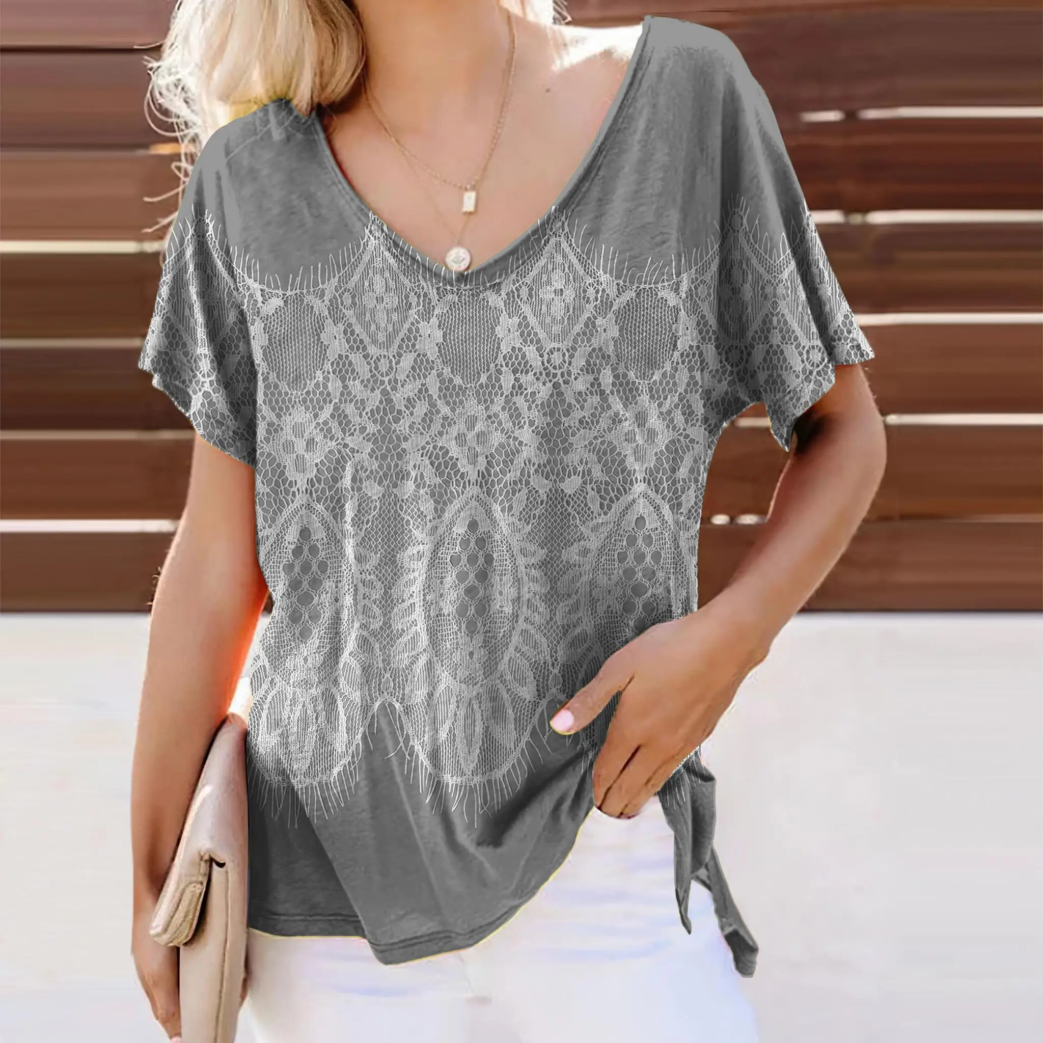 Lace Printed T Shirt For Women V-neck Short Sleeve Female Clothing Loose Casual Summer Tee Fashion Streetwear Ladies T-shirt Top