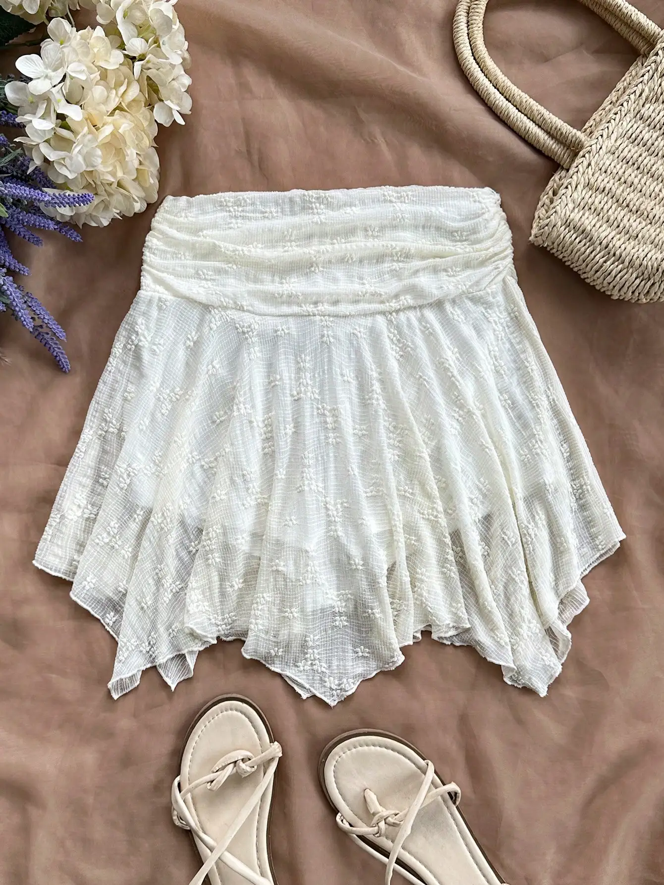 

Women's White Asymmetric Hem Knit Skirt, High Waist A-Line, Summer Casual