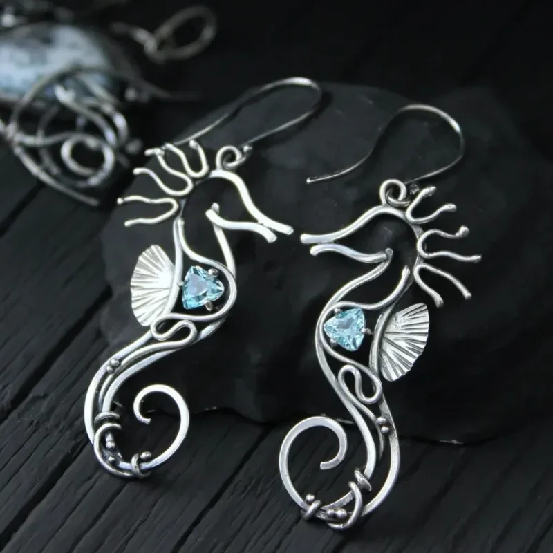 Silvery Metal Seahorse Pendant Earrings, Women's Creative Blue Zircon Earrings, Holiday Party Personalized Earrings