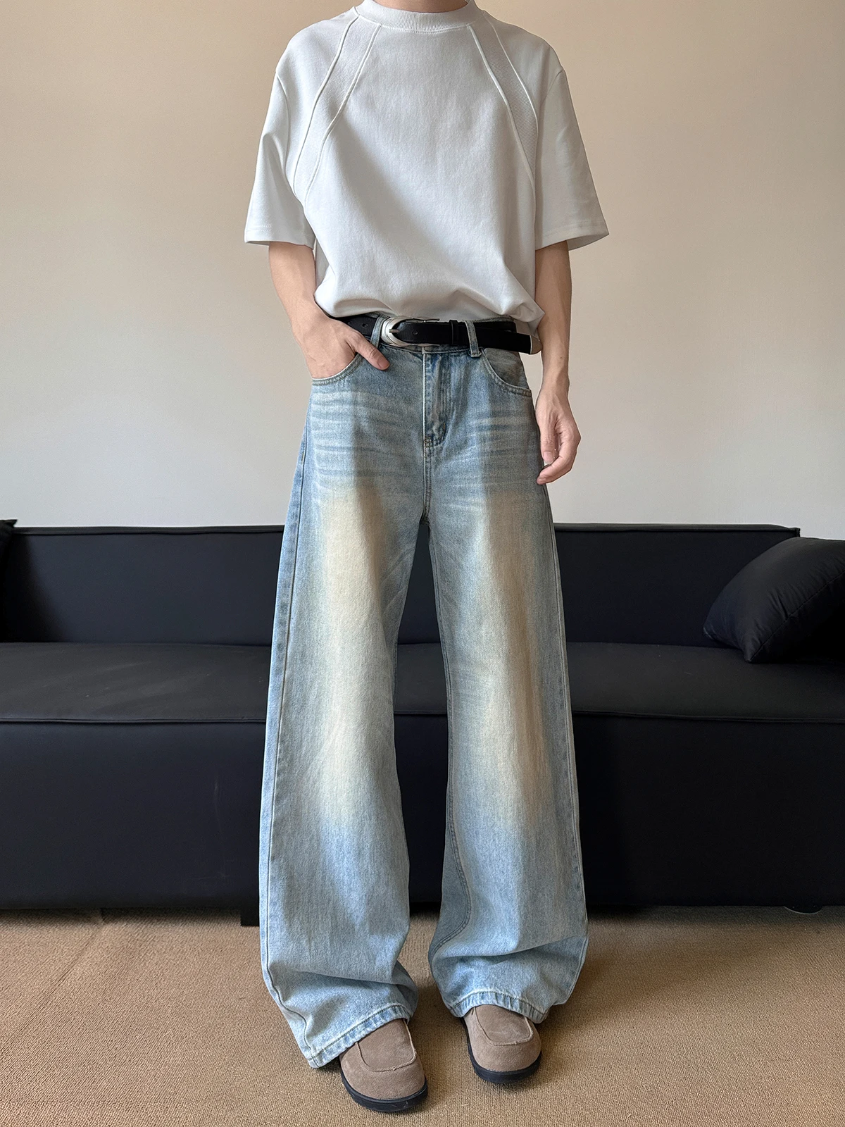 Calças Jeans Vintage Americanas de Verão, Corte Limpo, Lavadas, Soltas, de Perna Reta, Azul Gelo, para Homens e Mulheres, com...