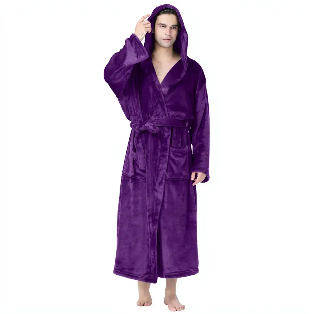 Warm Mens Plush Hooded Bathrobe Soft Comfortable Sleepwear Loungewear Casual Nightrobe Housecoat Plus Size Dressing Gown