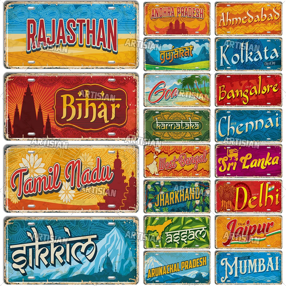 Artisian Ctiy License Plate State INDIA Province Metal Sign Landmark Travel Car Plate Decorative Tin Plaque Wall Decor Garage