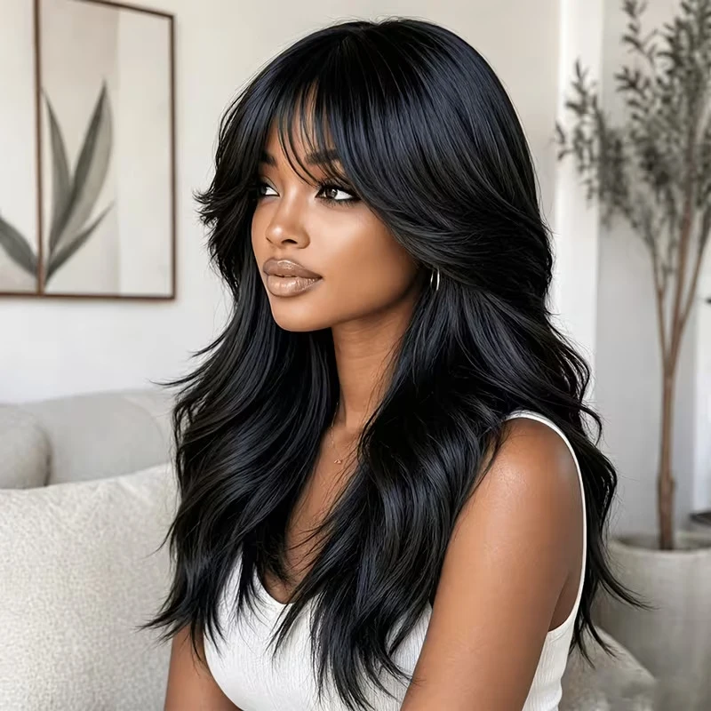 Black long curly hair for women, layered bangs, high-temperature synthetic fiber wig