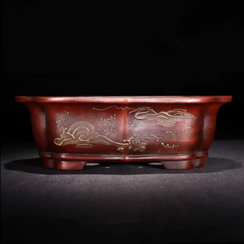 9.45in Chinese Refine Zisha Antiqued Handmade Painting Potted Bonsai Flower Pot