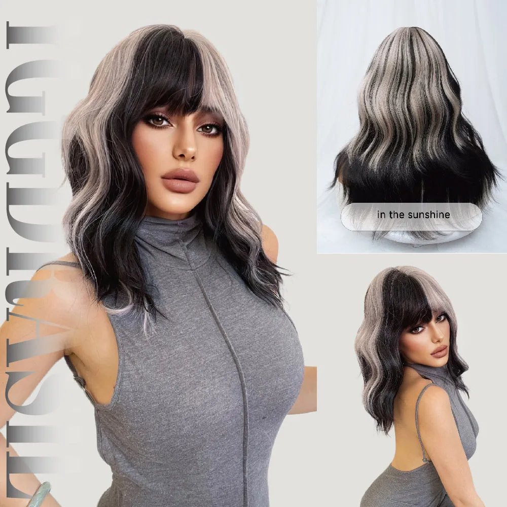 

20Inch Silver-gray and Black Gradient Synthetic Wigs with Bangs Medium Natural Wavy Hair Wig For Women Daily Use Heat Resistant