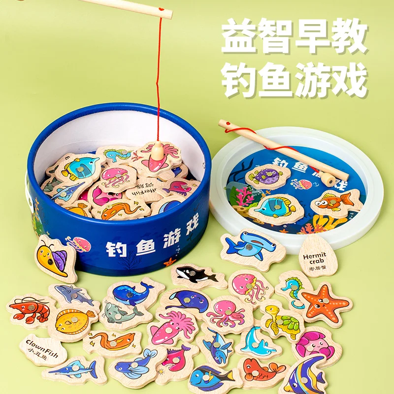 Barril de madera, juguetes de pesca en el océano, rompecabezas de educación temprana para niños, diversión cognitiva, océano magnético, pez pequeño, juego para padres e hijos