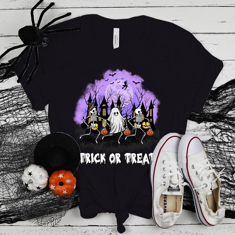 (Premium T-shirt)New Halloween Skeleton Boo Trick Or Treat Print T-Shirts Women Summer Cool Short Sleeve Female Casual T-Shirts