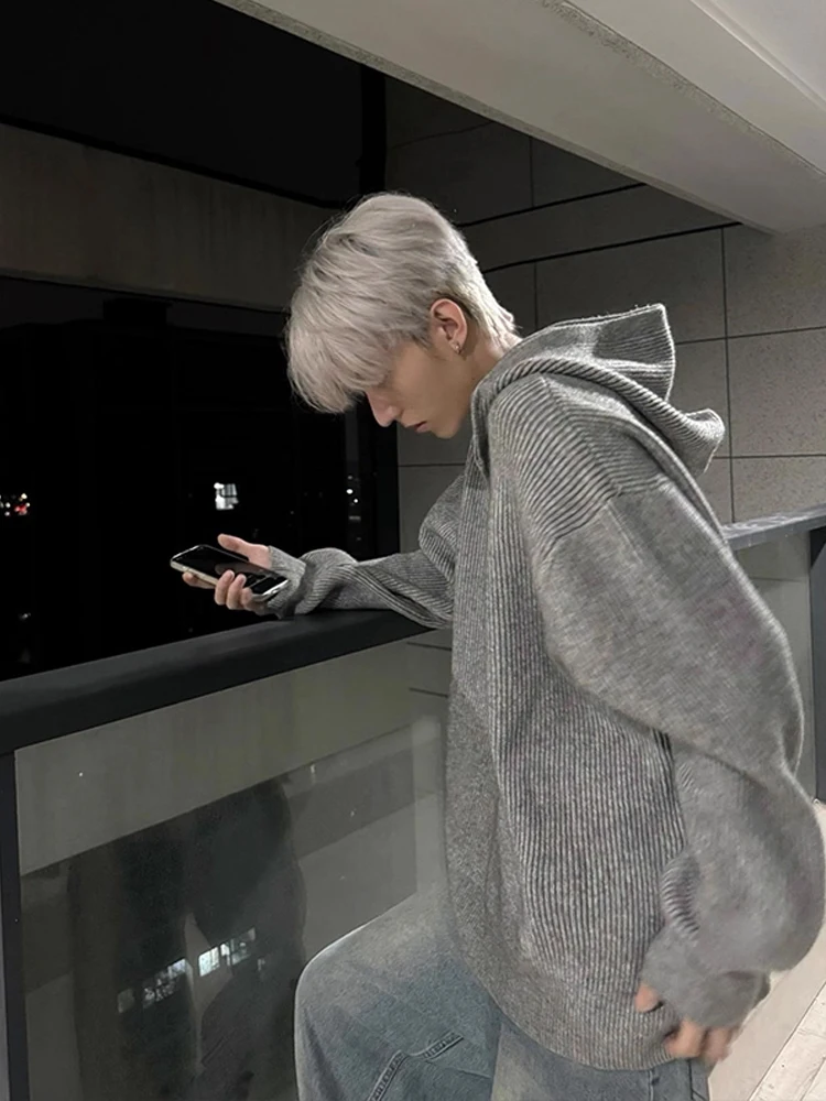 

Вязаный свитер на молнии в американском стиле ретро, мужская зимняя повседневная толстовка с капюшоном, тяжелый трикотаж с капюшоном, удобный свободный крой из полиэстера...