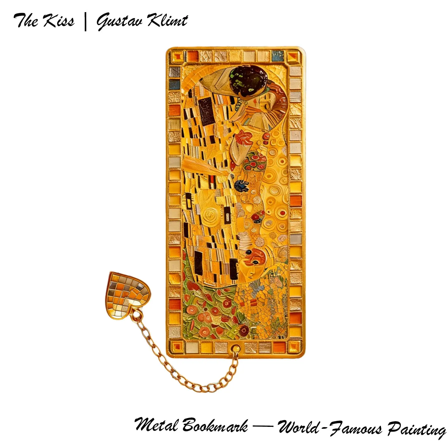 Gustav Klimt Kiss Metal Bookmark with Chain Heart Pendant World FamousBook Mark Vintage Art Stationery Gift for  Reader Writers