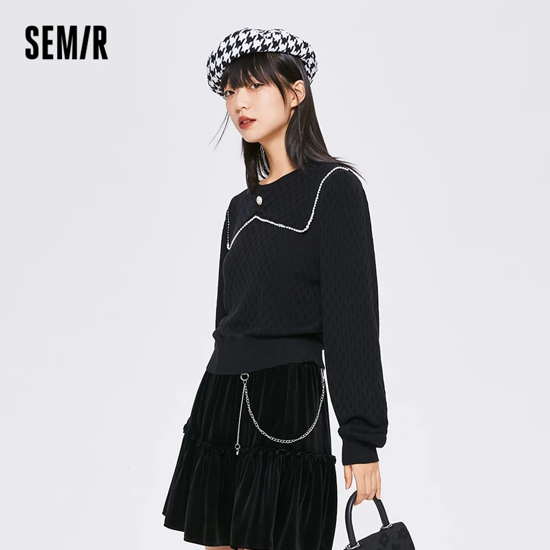 Semir Knitwear Women Short Black Jacquard Lapel Puff Sleeves 2022 Autumn New Elegant Girls Bottoming Sweater