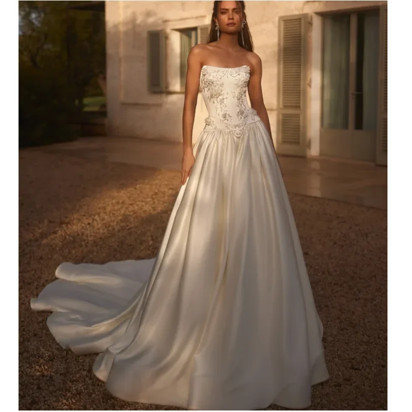 Customized Strapless With Corset Bride Robe Shiny Sequins Beads Wedding Dress High Quality Bridal Gown Robe De Mariée