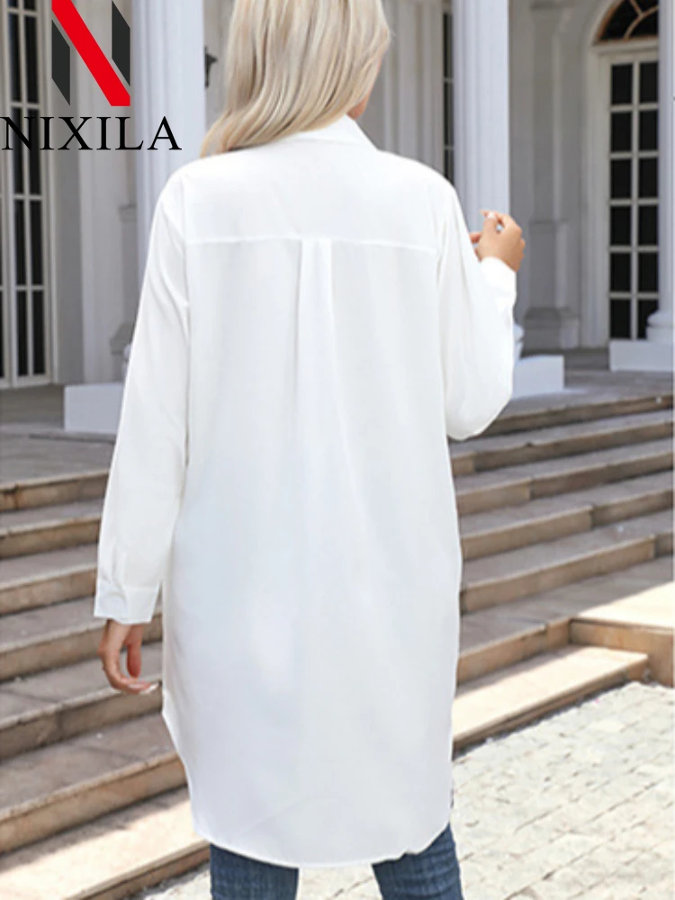 Nieuwe lente elegante blouse stijlvolle vrouwen revers hals shirt met lange mouwen losse effen split zoom tops oversize OL werk blusas kleding