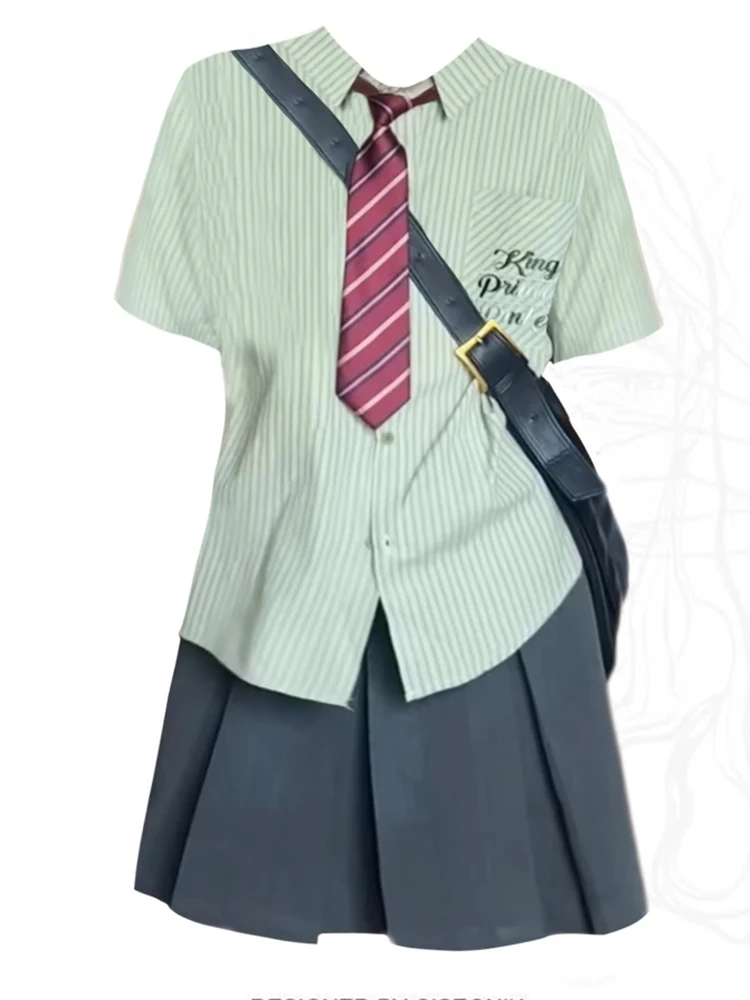 

Летний женский корейский японский костюм JK Y2k 2000s, комплект из 2 предметов, блузка в полоску с коротким рукавом в стиле преппи и галстуком + искусственная кожа