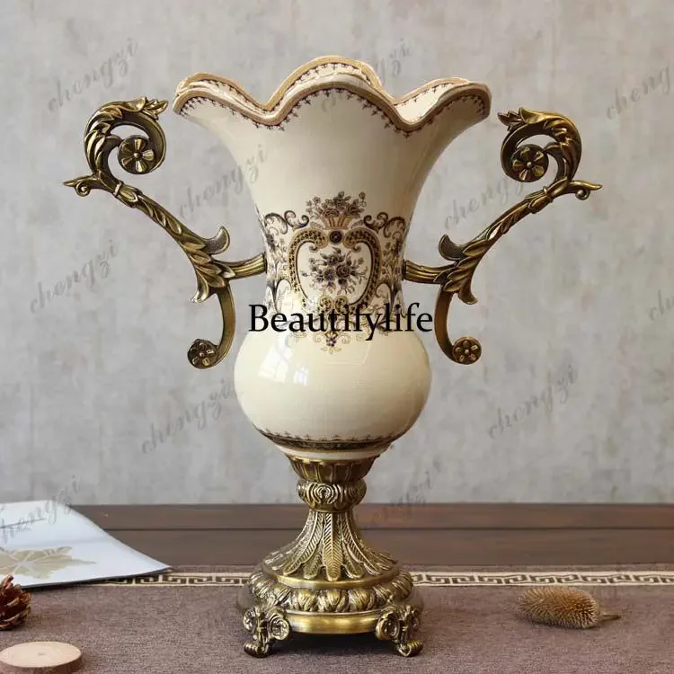MM182 European retro high-footed binaural vase creative soft decoration process ornament alloy ceramic large vase