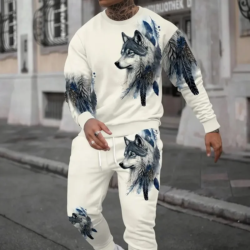 Printed long-sleeve T-shirt set for men 2025 O-neck T-shirt with drawstring waist trousers sports leisurewear set