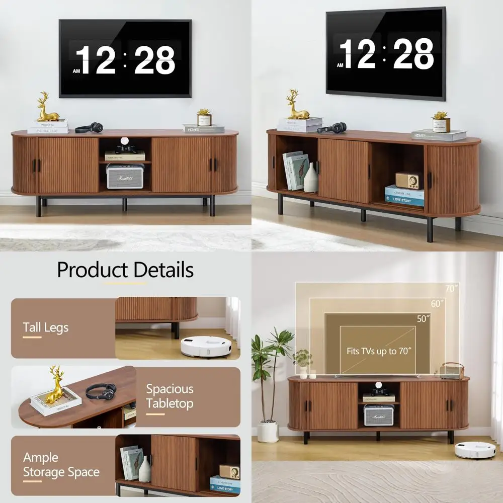 Mid Century Modern 65/70 Inch TV Stand with Sliding Doors, Curved Gaming Entertainment Center, Media Console