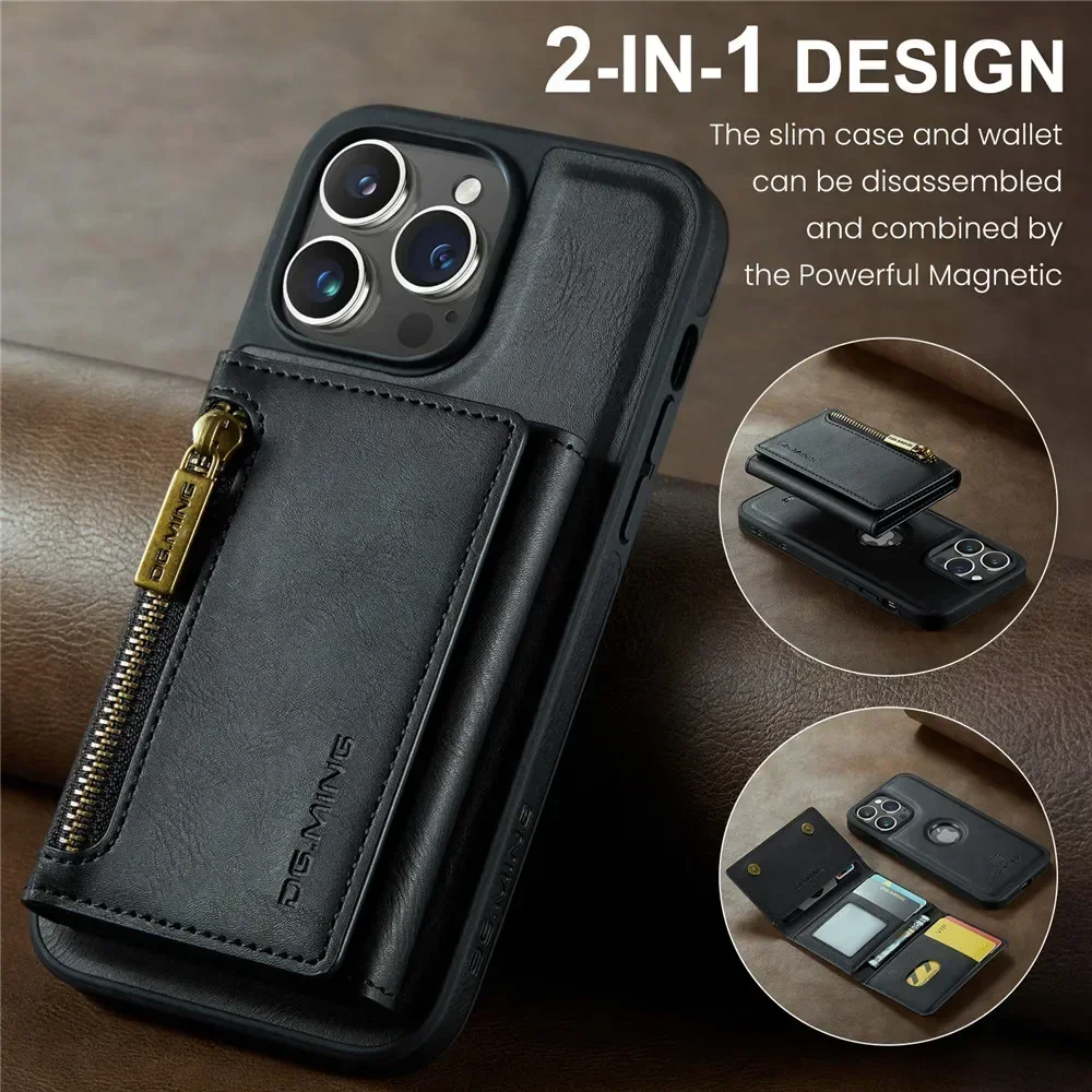 

2 in 1 Detachable Magnetic Leather Wallet Phone Case for IPhone 13 11 12 14 Promax 15 Pro Max Plus Cards Holder Stand Cover