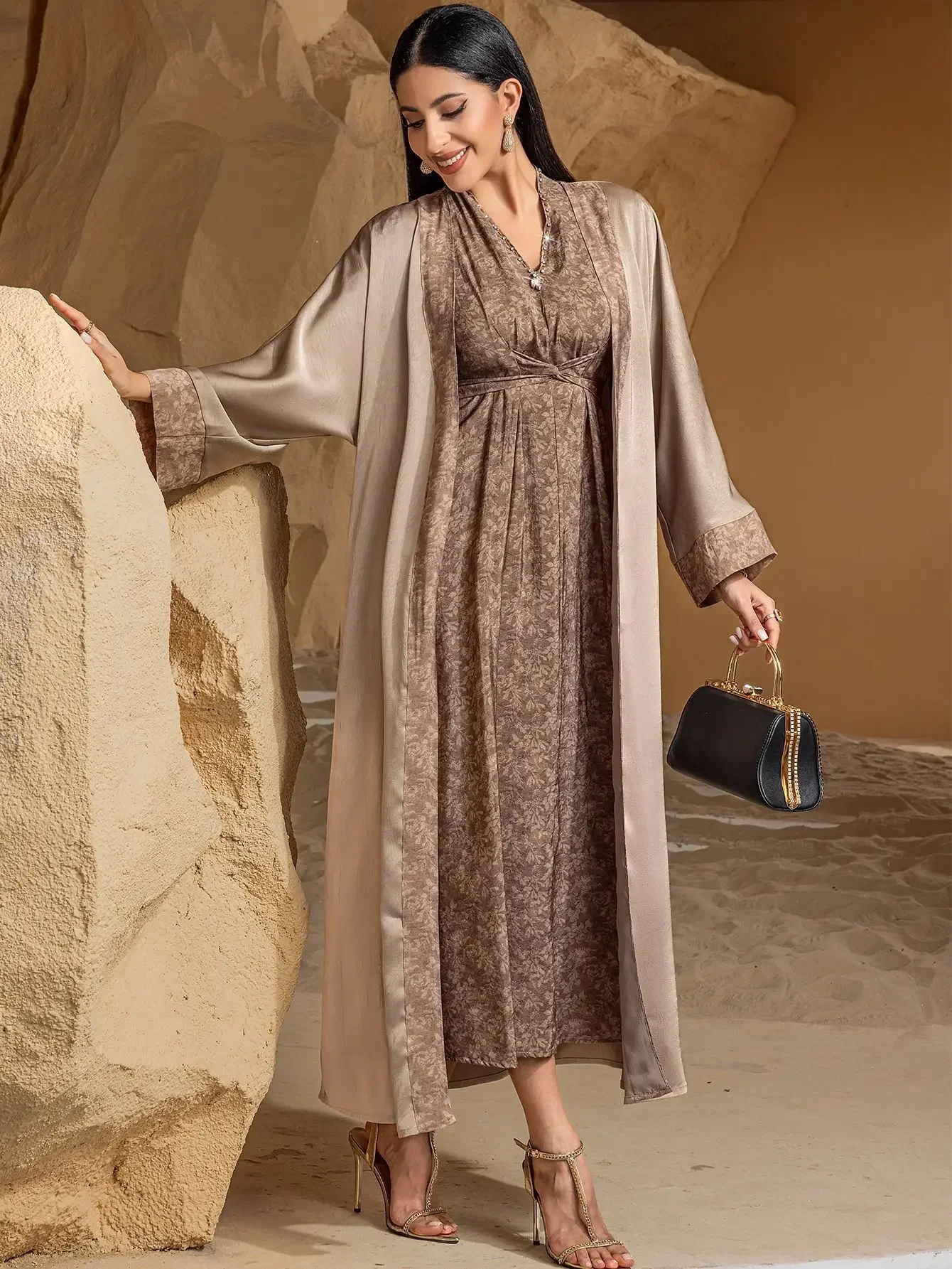 

Fashion Muslim Women Kimono Cardigan + Dress Sets Dubai Abaya Turkey Kaftan Eid Ramadan Islam Clothing Morocco Outfits Caftan