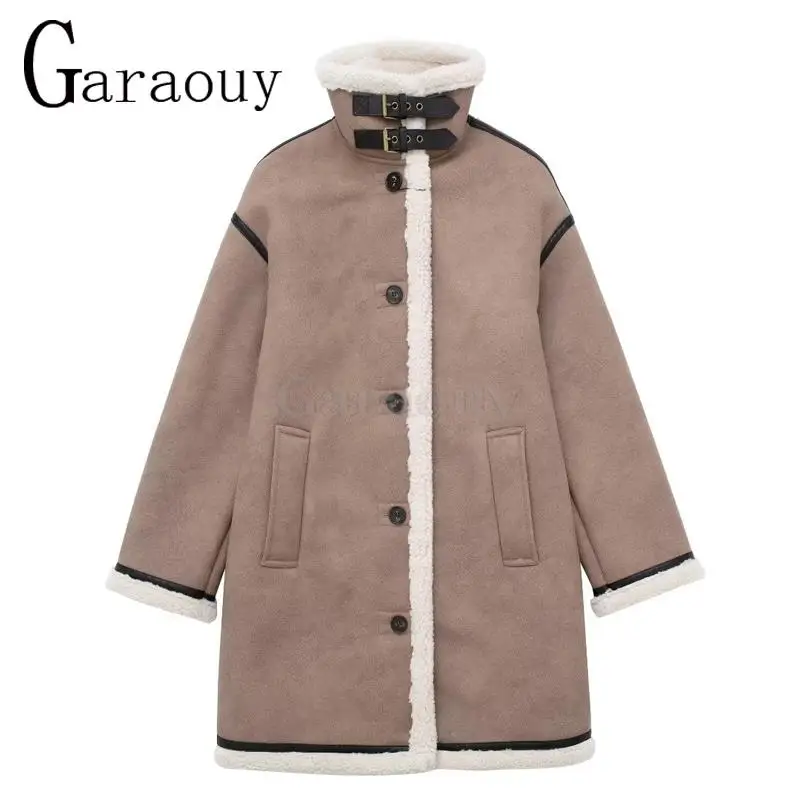 Garaouy 2024 Winter Women Faux Suede Lamb Down Long Motorcycle Jacket Female Single Breasted Loose Mid Length Coats Warm Outwear