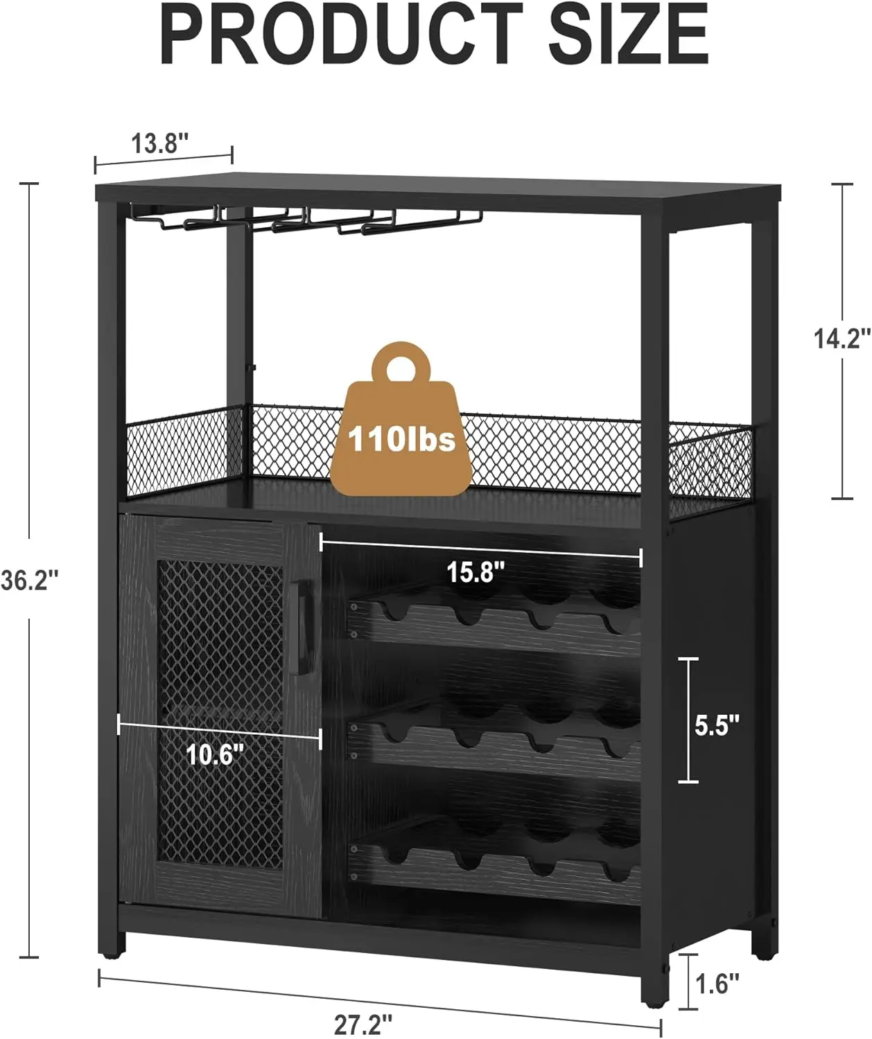 3-Tier Cabinet with LED Lights, Detachable Wine Rack and Storage Space, Buffet Cabinet with Glass Holder and Mesh Door, for Kitc