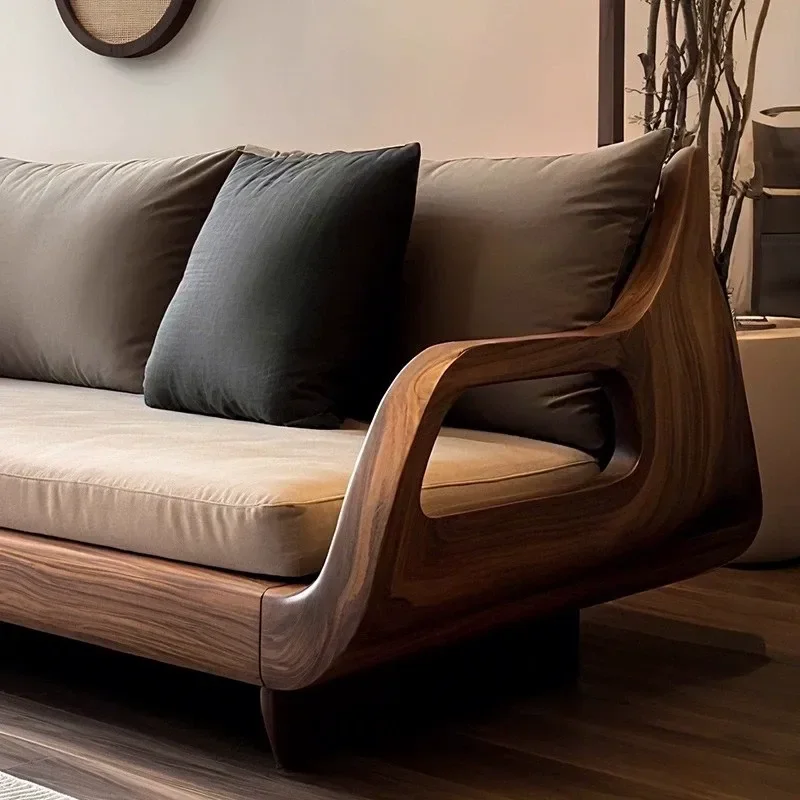 New Chinese Style North American Black Walnut Solid Wood Leather Sofa Three Seater Cotton Linen Fabric Living Room Furniture
