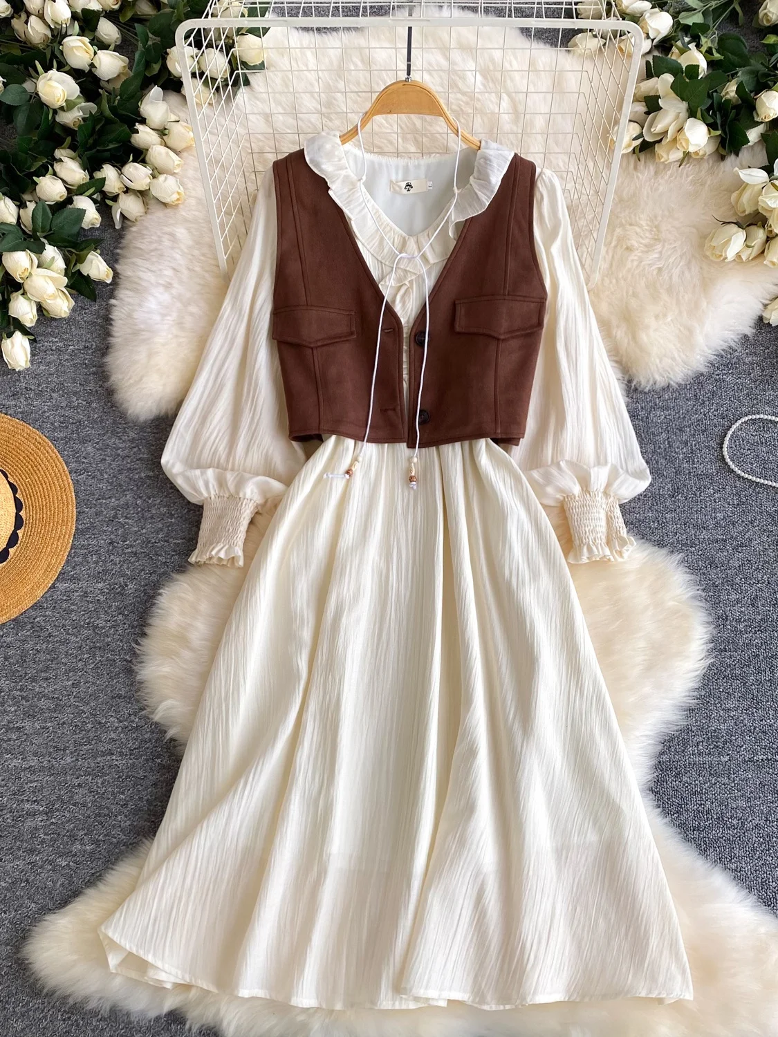 

Slimming Gentle Wind Vest And Skirt Set Women's Spring Autumn Faion Design Sense Tie Belt Wooden Ear Slimming Set
