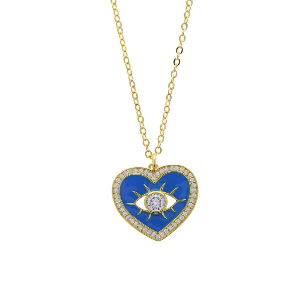 LOVE Heart Shape Carve White Evil Eye Cz Pendant Necklacez for Women Paved Pink Blue Enamel  Gold Plated Color Fashion Jewelry