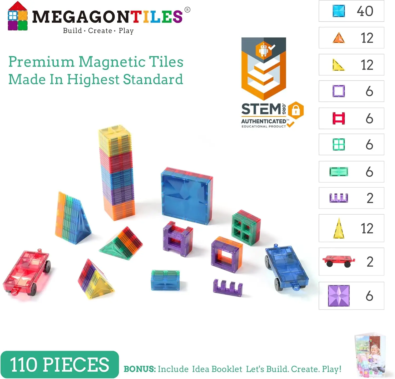 110PCS Premium MagneticTiles, MagnetTiles, STEM AUTHENTICATED, Magnetic Blocks, Magnetic Building Blocks, Magnets for Kids, Magn