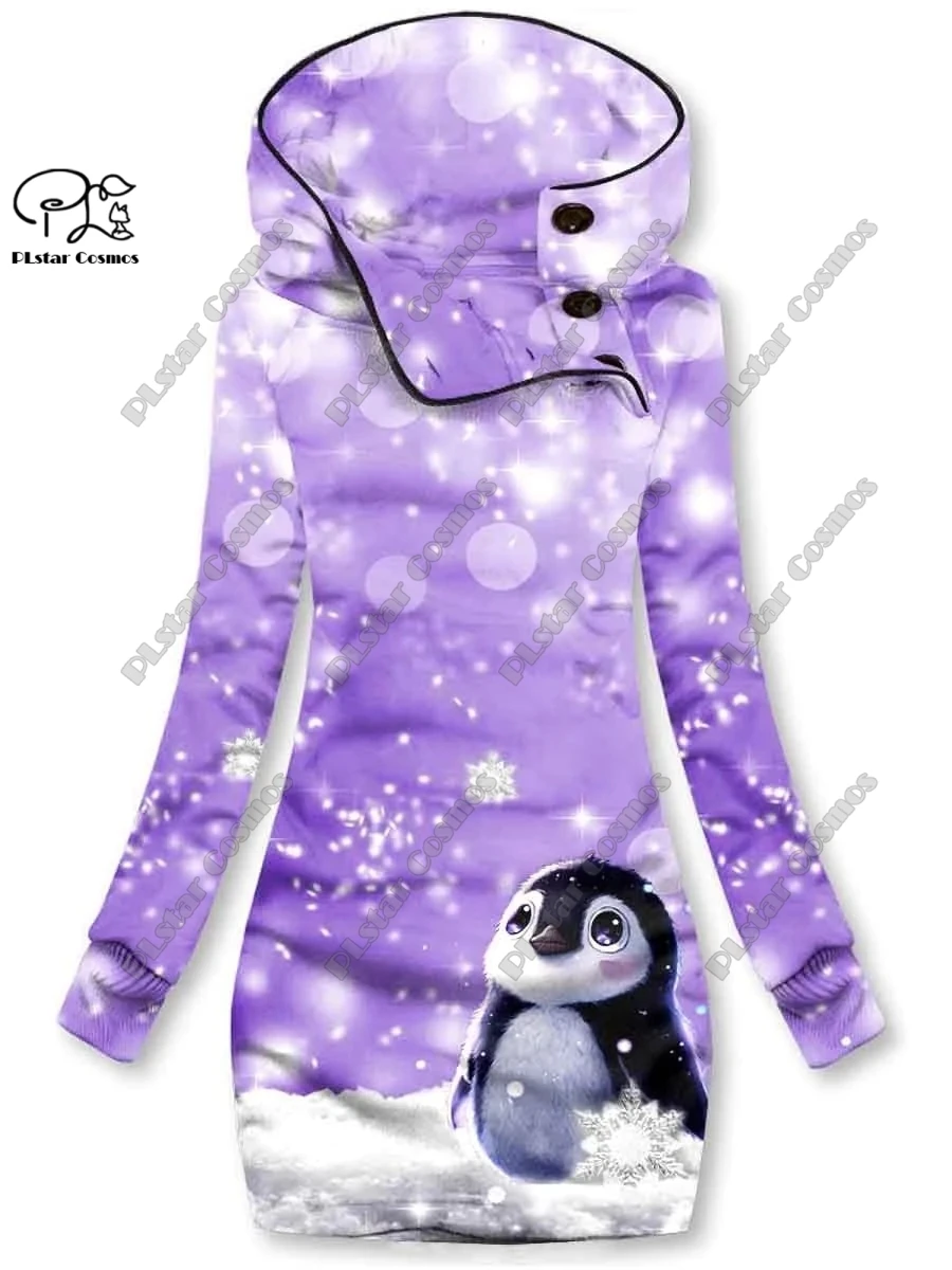 3D printed Christmas snowflake animal series penguin pattern special collar women's long sweatshirt dress casual and warm