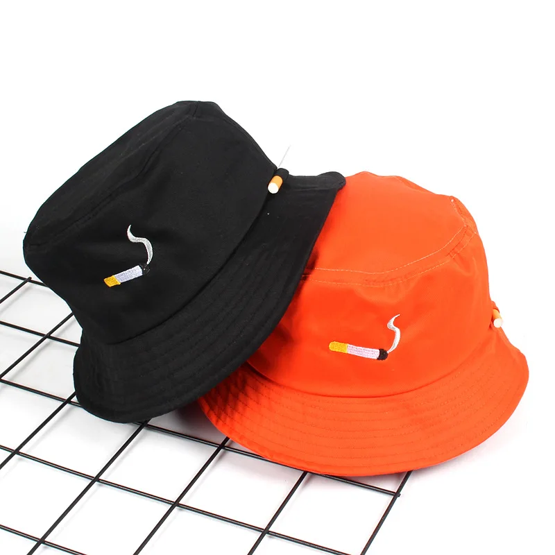 

1PC Cigarette Embroidery Bucket Hat Reversible Orange Basin Hat Adjustable Casual Lightweight Fisherman Cap