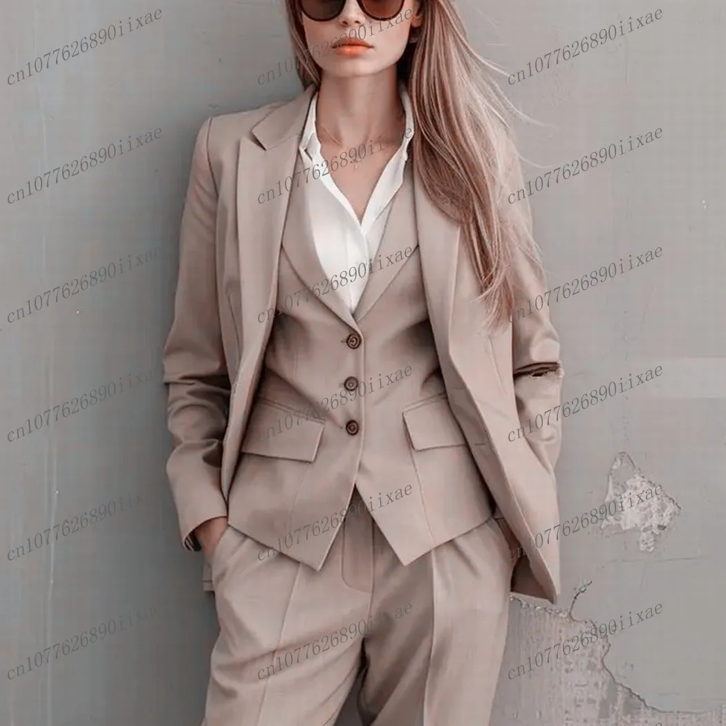 

New Beige Women Suit Formal Occasion Wedding Party Business Office Lady Tuxedos 3 Piece Set Blazer Vest Pants Customized