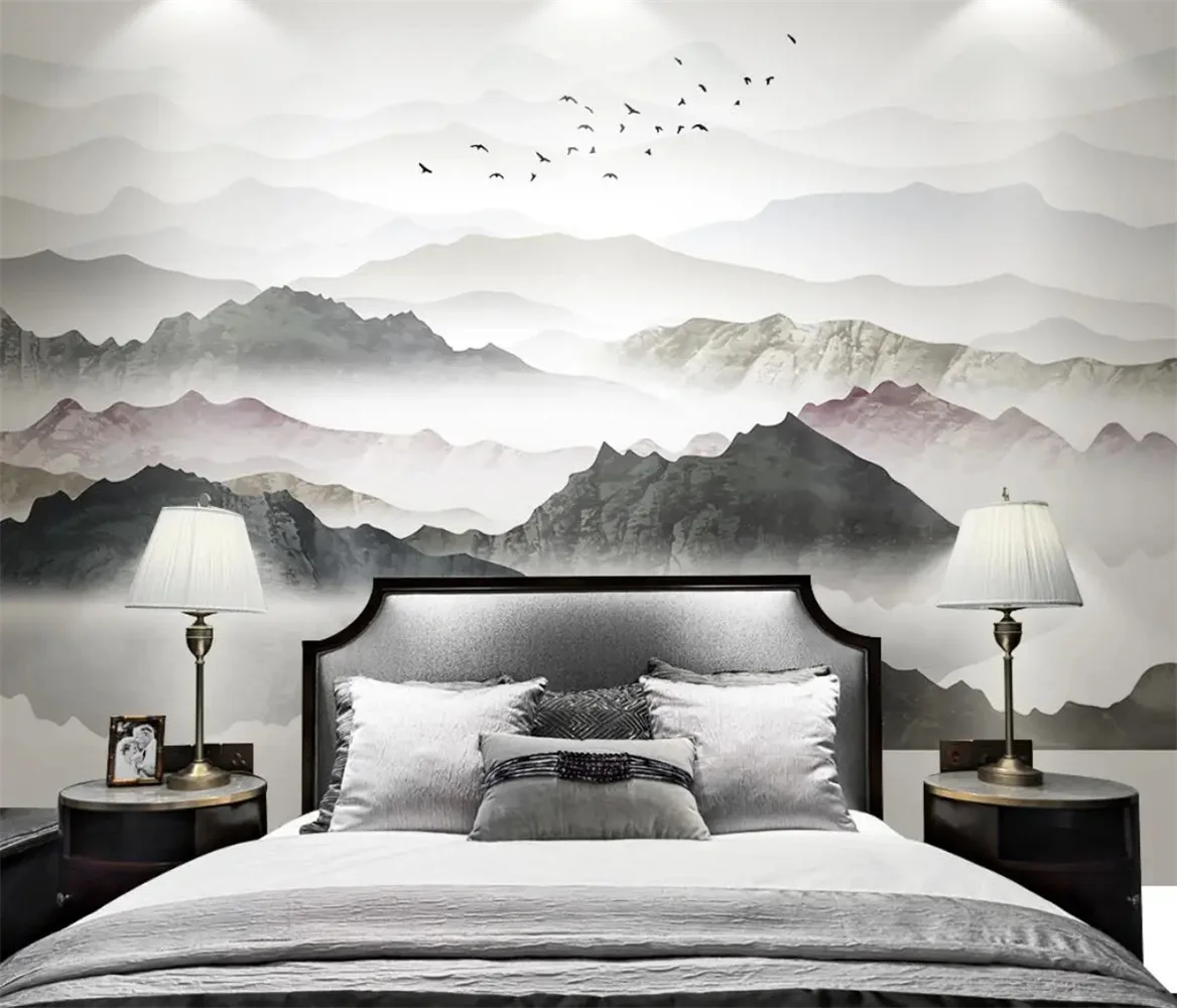 

Пользовательские настенные обои с изображением горного пейзажа, чернила, фреска, обои для гостиной, спальни, потолка, уникальные декоративные обои