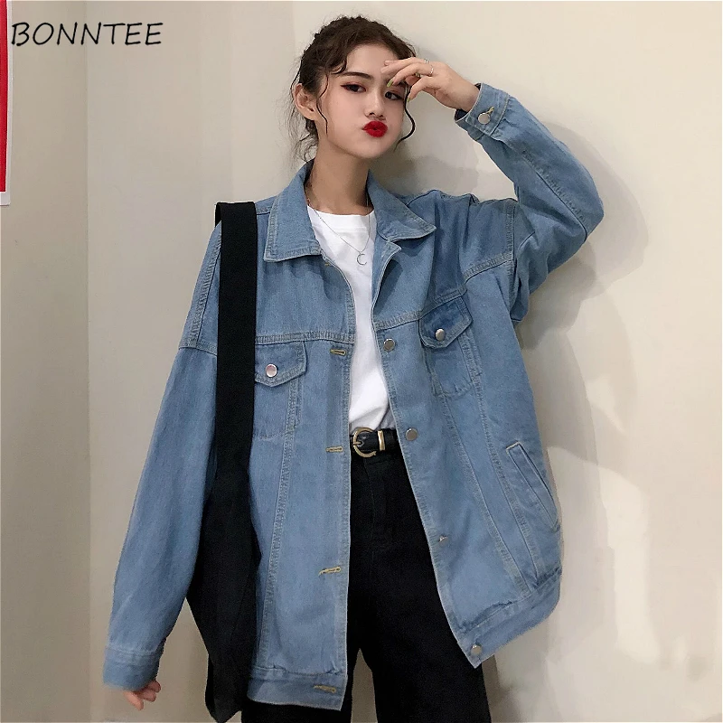 Kurtki damskie Harajuku Baggy Korean All-match Chic Turn-down Collar Girls Denim Coat Popular Casual College Lady Streetwear