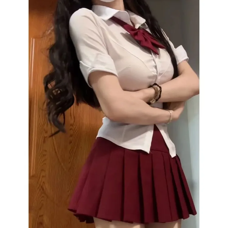 Camicia Jk bianca a vita sottile giapponese Kawaii da donna + Y2k Gonne a trapezio a pieghe casual dolce vintage 2025 Estate Nuovi set di due pezzi