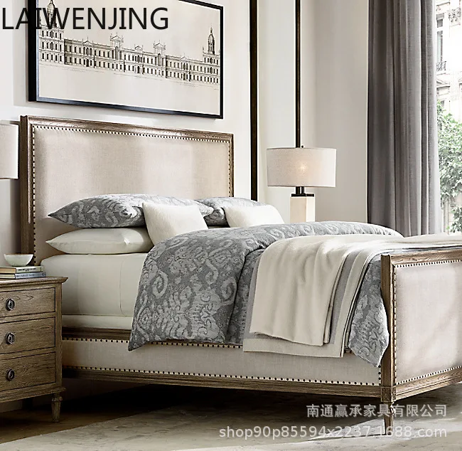 HLZ rural retro fabric double bed solid wood carving flower bed classical