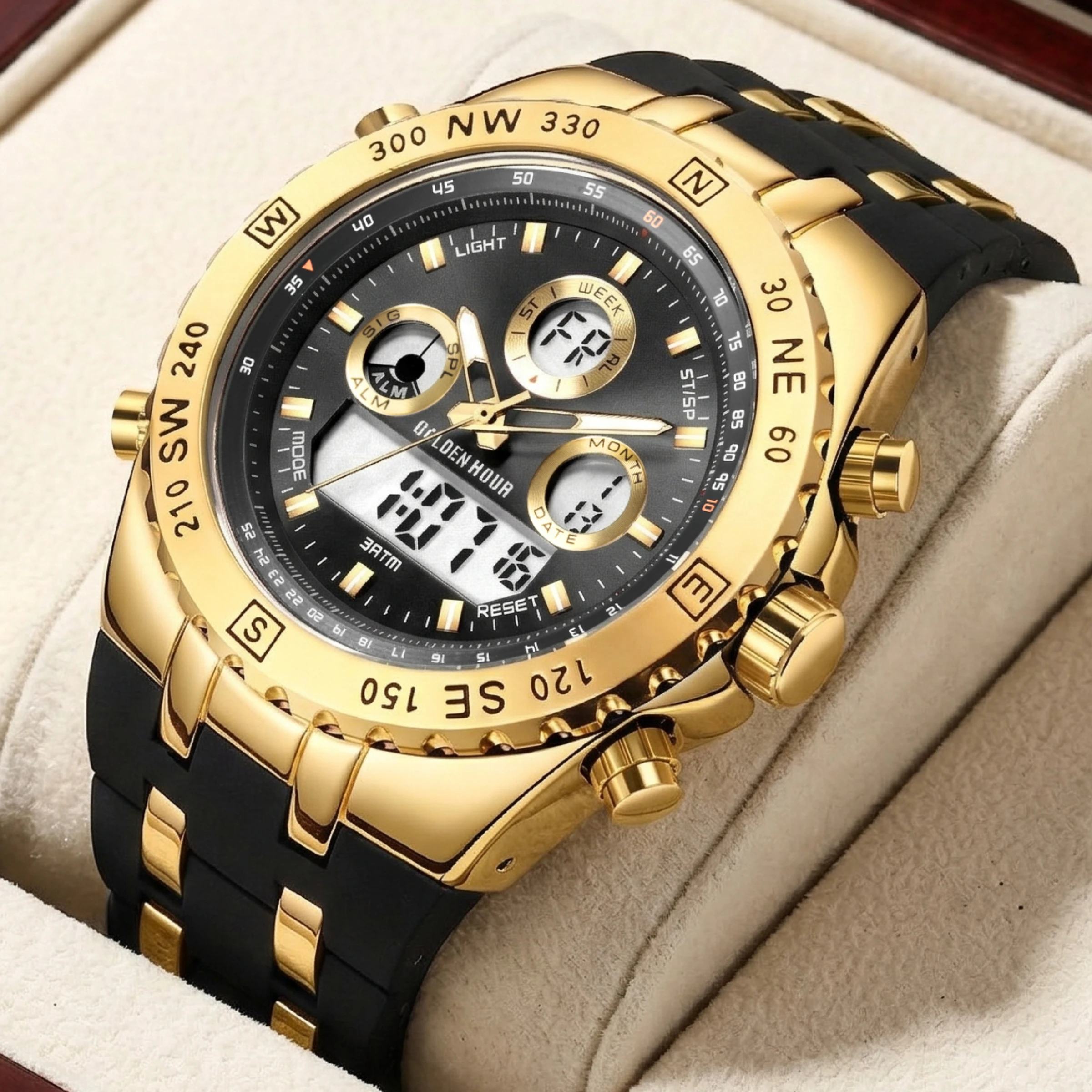 GOLDENHOUR Gold Luxus-Herrenuhr im Industriestil, wasserdicht, LED, digital, analog, Dualzeit, leuchtende Quarzuhr, Silikonarmband
