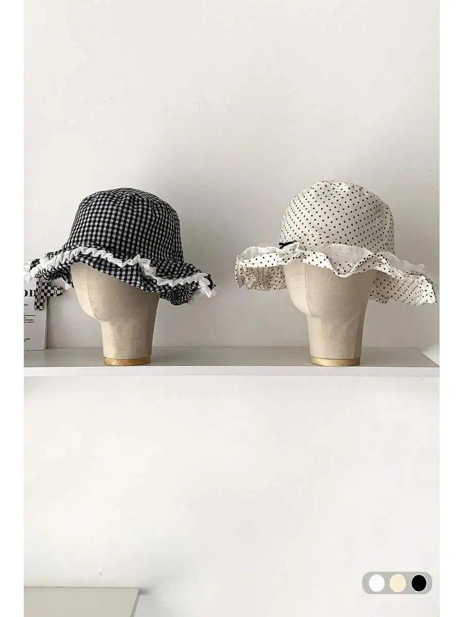 

Vintage Check And Polka Dot Boho Bucket Hat With Ruffle Trim Adjustable Wide Brim Sun Protection For Women
