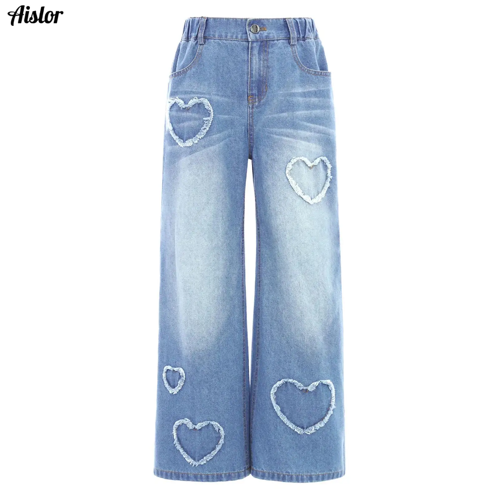 

Kids Girls Denim Pants Heart-shaped Patchwork Raw Edge Elastic Waist Jeans Wide Legs Long Pants for Daily Casual Hiking School