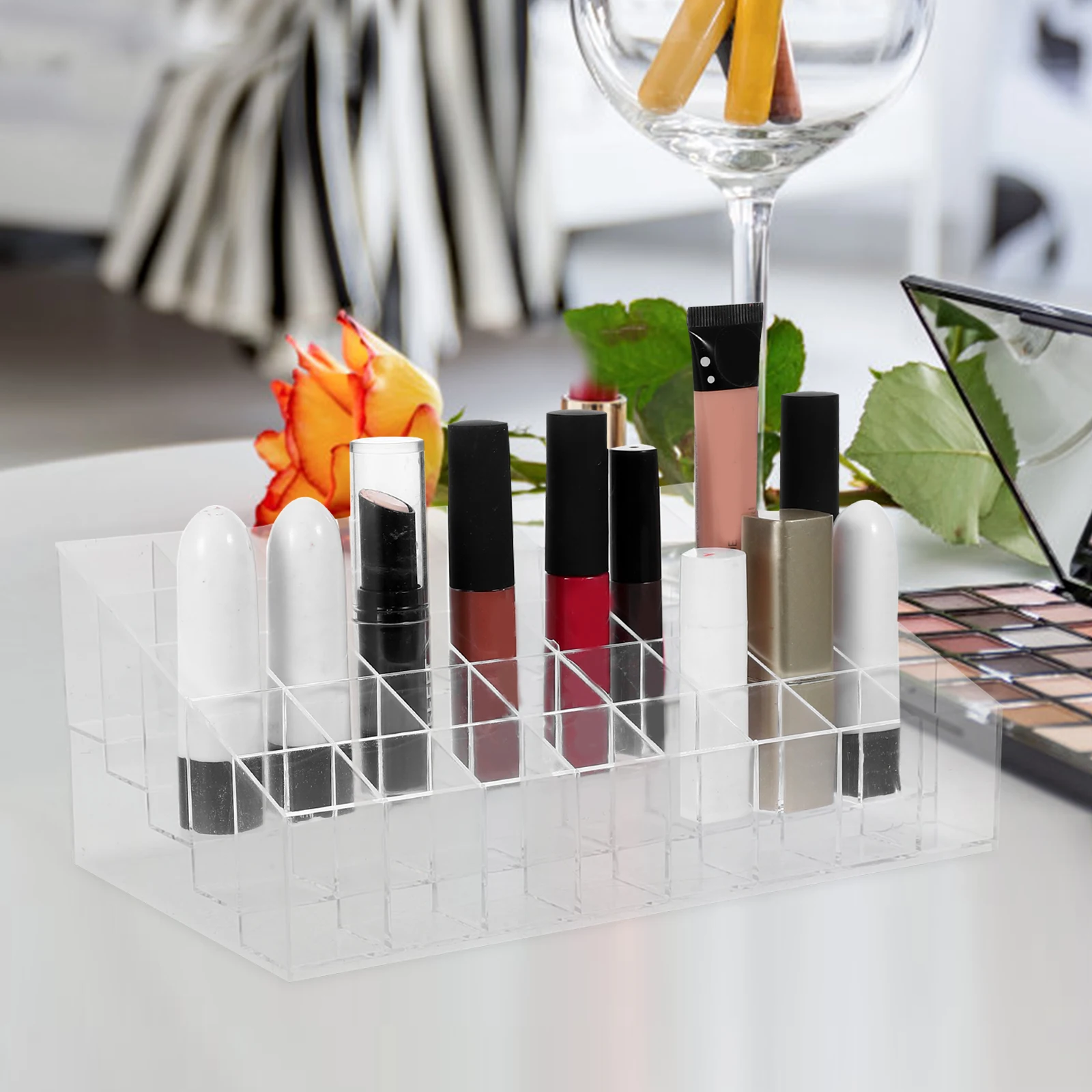 

2pcs Lipstick Display Rack Clear Makeup Organizer Vanity Table Multi-grid Stand Desktop Holder Home Accessory Durable Practical
