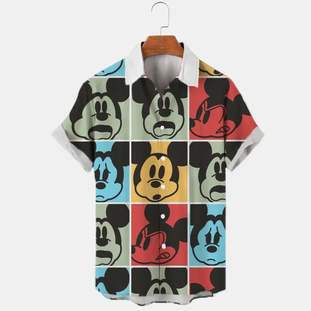 2023 Summer Casual Button Down Shirt Holiday Short Sleeve Disney Mickey Mouse 3D Full Print Beach Fashion Men\'s Lapel Color Hip