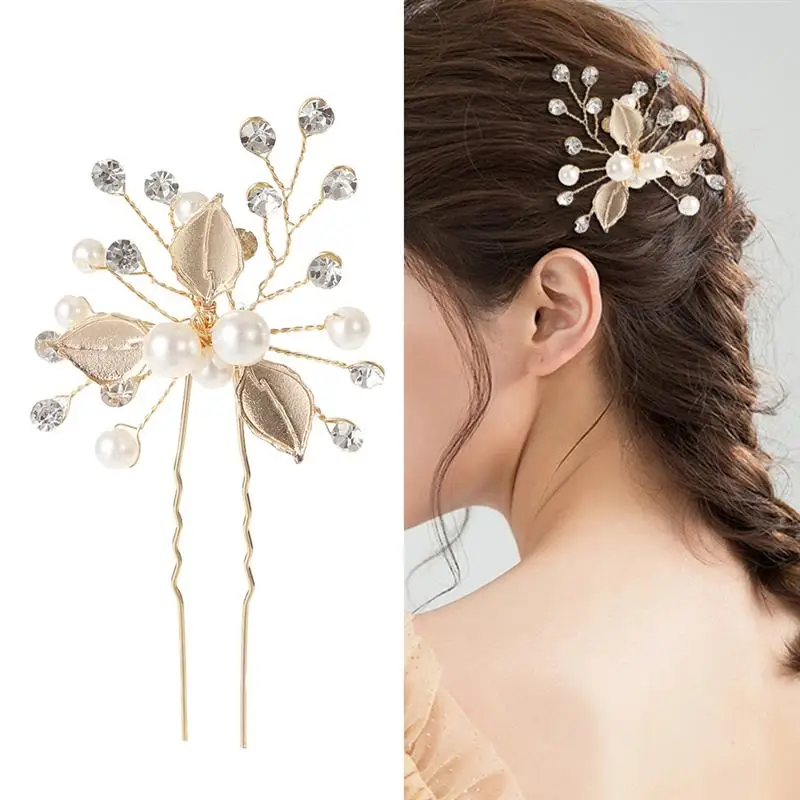 1Pc Pearl Flower Hairpin Side Comb Golden Leaf Shaped Alloy Tiaras Wedding Bride Insert Hair Clips Hair Jewelry Bride Headwear